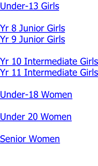 Under-13 Girls  Yr 8 Junior Girls Yr 9 Junior Girls  Yr 10 Intermediate Girls Yr 11 Intermediate Girls  Under-18 Women  Under 20 Women  Senior Women